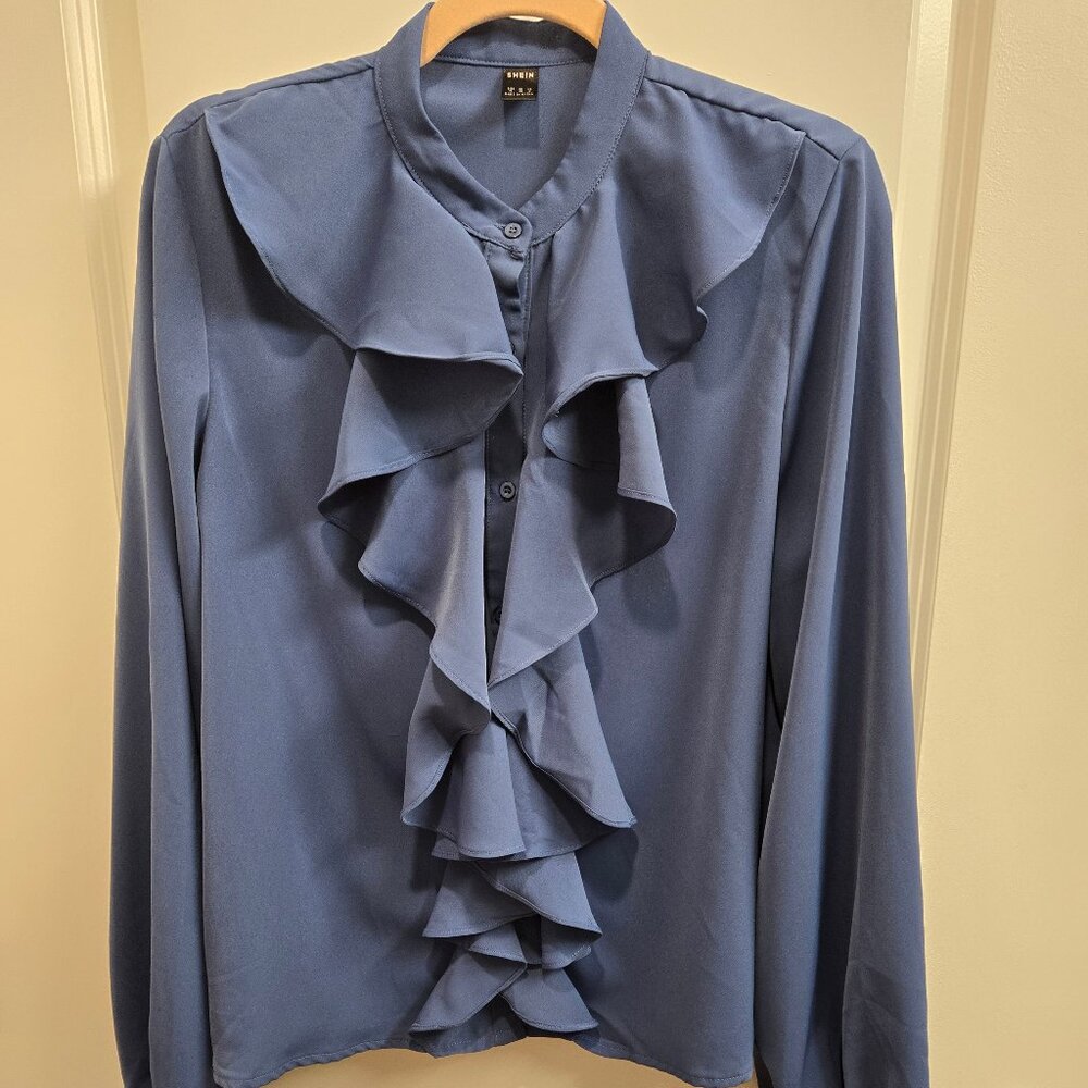 French Blue Ruffle Front Poets Blouse
